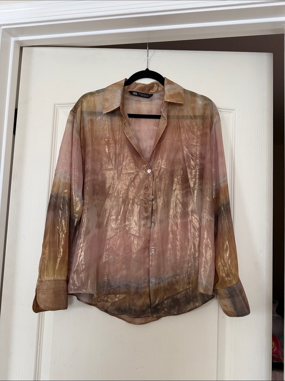 Zara Sheer Ombre Metallic Pink and Brown Button-Down Shirt